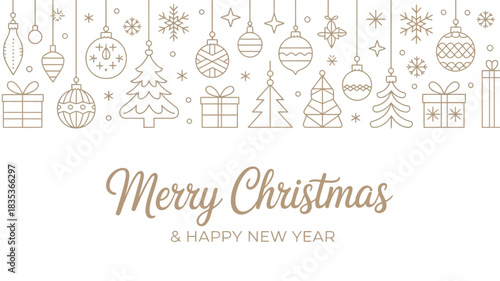 Wallpaper Mural Elegant merry christmas and happy new year greeting card with a festive border of hanging ornaments snowflakes and gift boxes in a minimalist line art style Torontodigital.ca