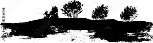 Black stencil illustration of heavy marsh shadows with trees silhouette for artistic design