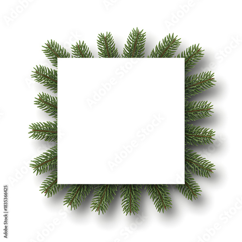 Evergreen fir branches framing a blank white square for text or image