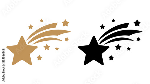 Golden and black silhouette of a shooting star with trailing streaks and smaller stars against a white background symbolizing wishes and celestial events
