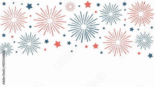 Vibrant hand drawn fireworks and stars explode across a white background creating a festive and celebratory abstract pattern perfect for holiday and event designs