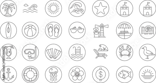Summer Vacation and Holiday Icons in Black and White Line Art Style Representing Beach and Sea Related Activities