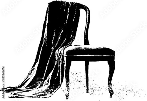 Black and white stencil of blanket draped over chair for design and decor