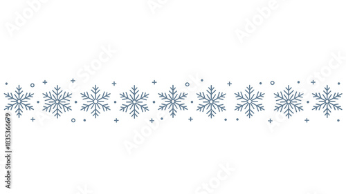 A horizontal decorative border of delicate blue snowflakes and tiny sparkling dots on a clean white background perfect for winter holiday designs and festive celebrations