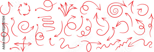 Hand drawn doodle design elements with swirls and arrows in pink.