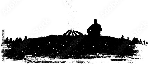 Rustic campfire scene with sparks in black and white stencil illustration