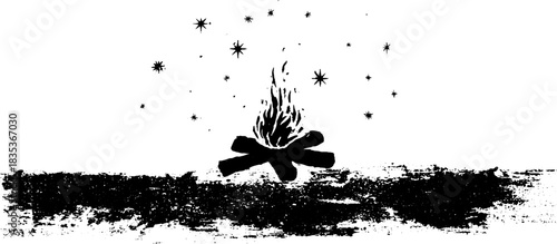 Grunge black and white campfire stencil illustration with sparks for rustic designs
