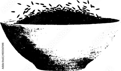 Black and white stencil art of a ceramic bowl with grains for kitchen decor and dining inspiration