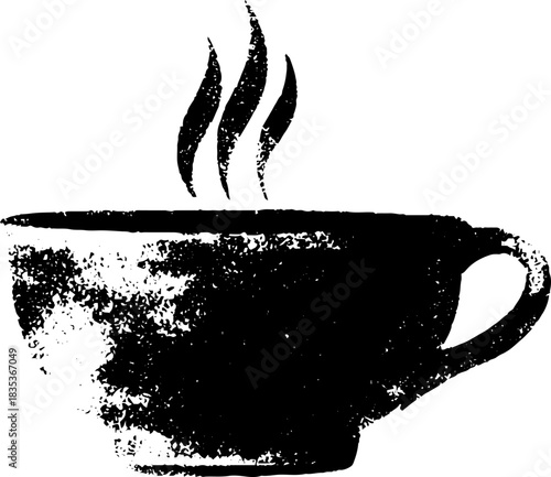 Black and white stencil illustration of a rustic ceramic cup with steam