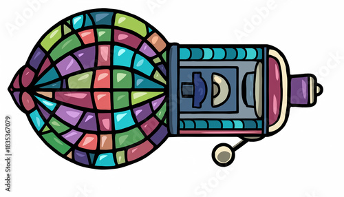 Whimsical Stained Glass Spaceship Illustration with Intricate Details.