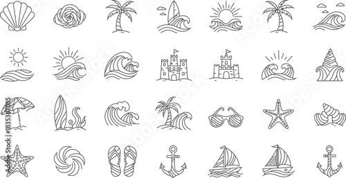 Summer vacation elements linear art collection featuring beach scenes sun sea shells and tropical motifs for design projects