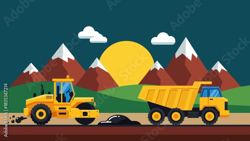 Industrial road construction process with heavy machinery paving an asphalt highway in a scenic mountain and hills landscape
