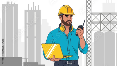 A male engineer in a hard hat uses a laptop and radio for project management on a construction site with a city skyline