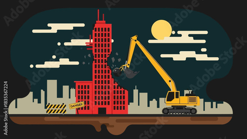Industrial excavator demolishing a red skyscraper at night, illustrating urban renewal and future city development
