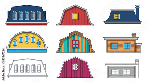 A colorful vector collection of various architectural dormer window and attic roof designs isolated on a white background