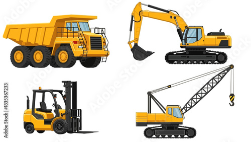 A set of heavy industrial machinery icons including a dump truck, excavator, forklift, and crawler crane vector illustration