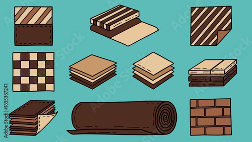 Hand-drawn vector illustration set of brown material samples. Collection of fabric, wood, and leather textures with various patterns for design 2026
