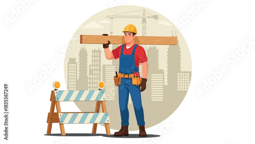 Cartoon construction worker in a hard hat carrying a wood beam on a city building site, a vector illustration concept for future projects in 2026