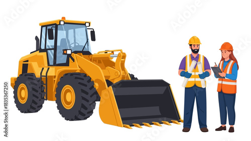 Male and female construction engineers in safety gear discussing a project with a clipboard next to a front-end wheel loader
