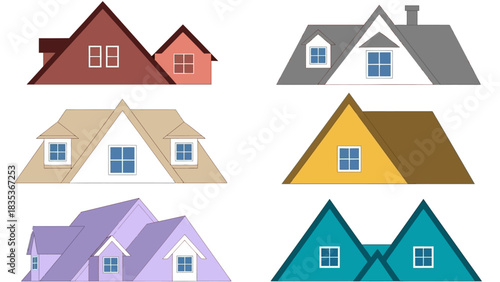 A diverse collection of colorful house roof gables with attic and dormer windows. Vector illustration set of architectural building tops