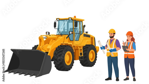 Professional construction team with a male and female engineer discussing blueprints next to a heavy yellow wheel loader on a worksite