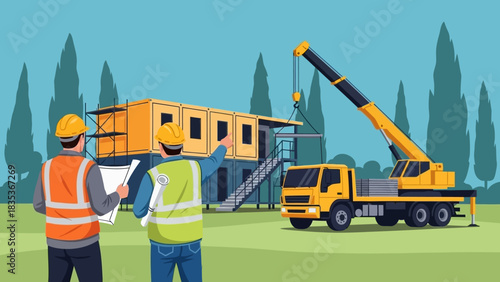 Civil engineers managing the assembly of a modular building on a construction site with a heavy crane lifting a section