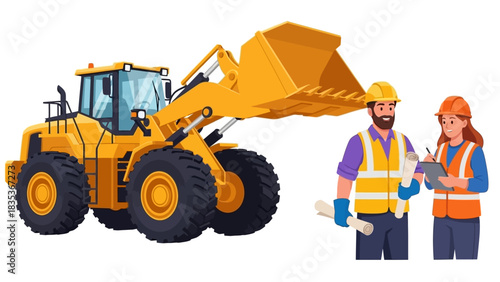 Illustration of civil engineers discussing a project plan with a heavy wheel loader on a construction site background