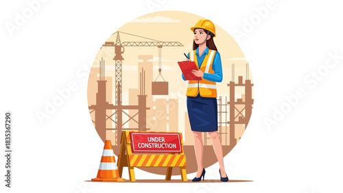 Female construction engineer in a hard hat and safety vest supervising a building project with cranes on an urban site