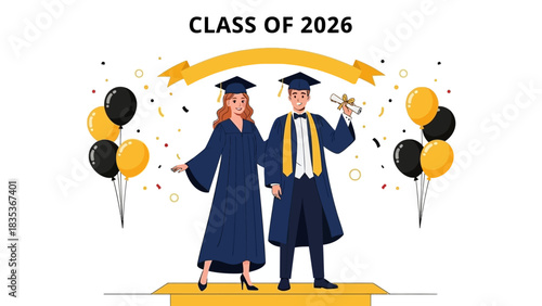 Illustration of two university graduates, a man and a woman, celebrating their 2026 convocation with academic regalia and diplomas