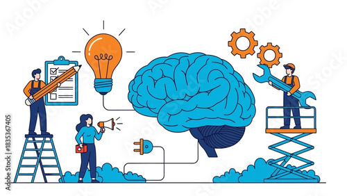 A team of people working on a large brain with gears and a lightbulb, symbolizing collaborative brainstorming, creative strategy, and mental development