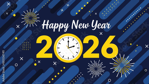 Greeting card banner for the 2026 New Year celebration with a clock counting down to midnight and festive fireworks on a blue background