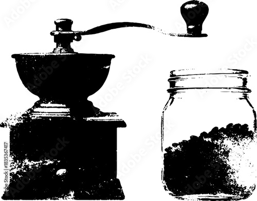 Vintage coffee grinder and jar silhouette stencil art for rustic kitchen decor