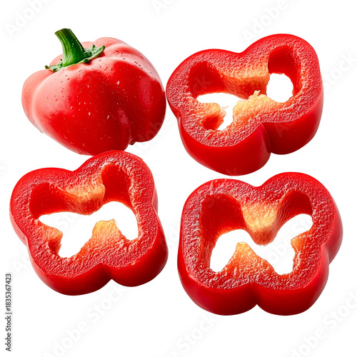 fresh red bell pepper slices isolated on transparent background.