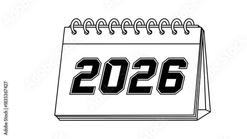 Vector line art illustration of a 2026 desk calendar. Isolated icon for scheduling, planning, and upcoming new year events