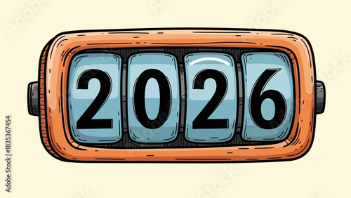 Retro orange flip counter odometer showing the upcoming year 2026. Vintage cartoon vector illustration for a new beginning