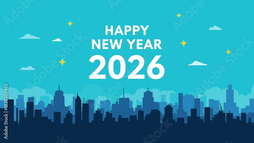 Modern flat vector design of a city silhouette under a starry sky celebrating the Happy New Year 2026 holiday