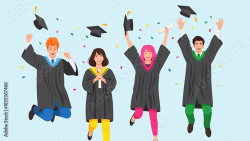 Joyful diverse group of graduates from the class of 2026 celebrating their success by jumping with diplomas and throwing caps