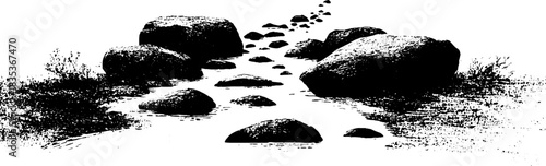 Black and white stencil of a cold mountain stream with boulders