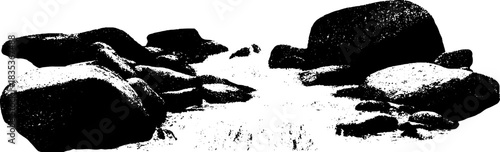 Black and white stencil of cold mountain stream with rocks for nature art and decor
