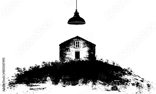 Monochrome hilltop house with hanging lamp - grunge stencil art for design projects