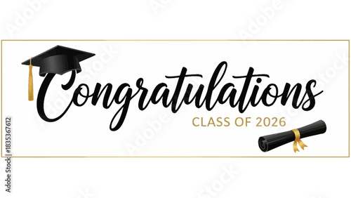 Class of 2026 graduation banner template with congratulations script, academic cap, and rolled diploma scroll illustration