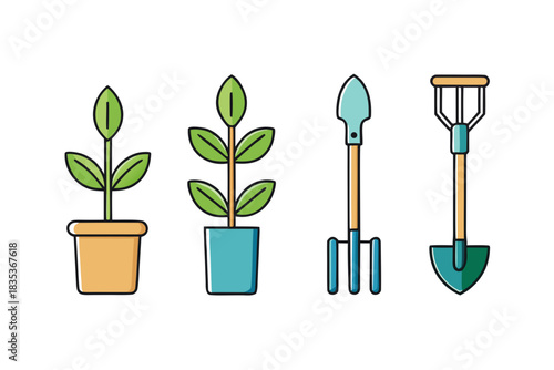 Gardening tools and plants  vector illustration isolated on white background