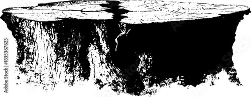Black and white cracked tree stump stencil illustration for nature design