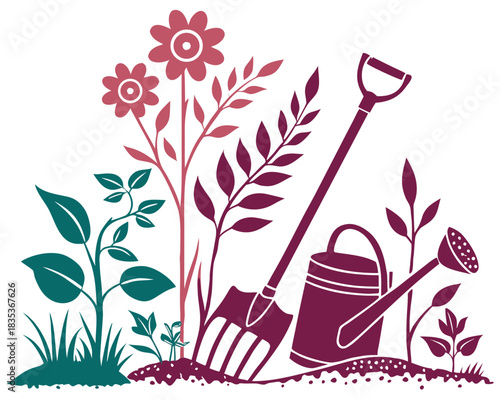 Gardening tools and plants silhouette vector illustration isolated on white background