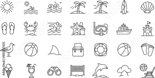 Summer Vacation Icons Set in Line Art Style for Holiday and Beach Theme Designs and Illustrations