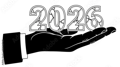 Conceptual vector art of a hand presenting the year 2026 with a fragile, cracked texture, representing future uncertainty and challenges