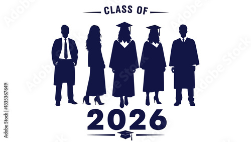 Vector silhouette of graduates from the class of 2026. Group of students in academic regalia celebrating commencement
