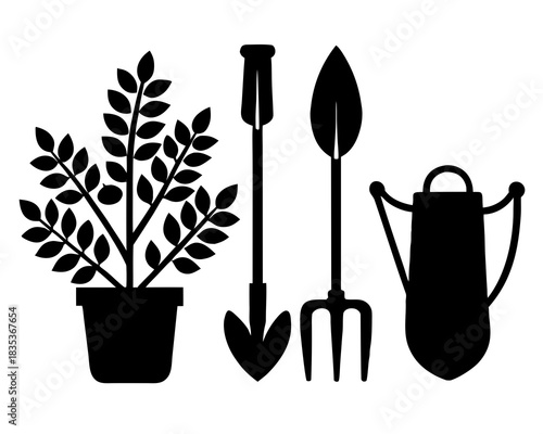 Gardening tools and plants silhouette vector illustration isolated on white background