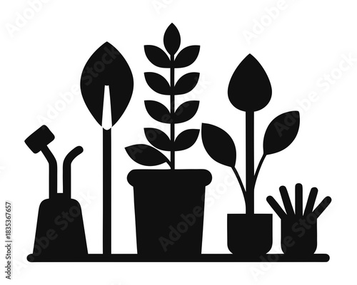 Gardening tools and plants silhouette vector illustration isolated on white background