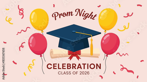 Class of 2026 graduation and prom celebration banner design. Vector graphic with mortarboard, scroll, and festive confetti